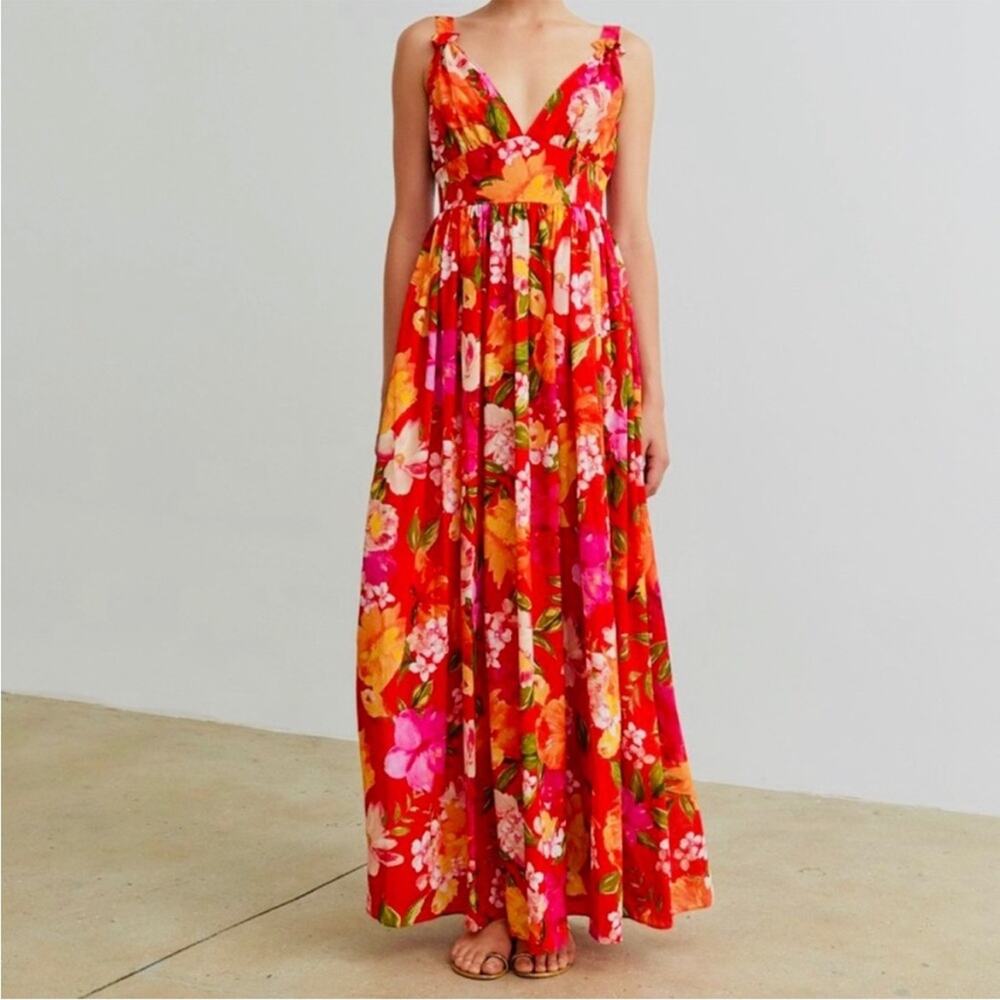 Ronny kobo sallee floral maxi dress red yellow tropical print Hawaii vacation M